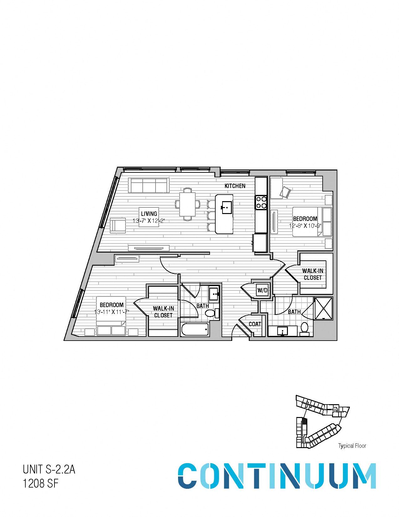 Floor plan for 2 beds, 2 baths, 1208 sqft